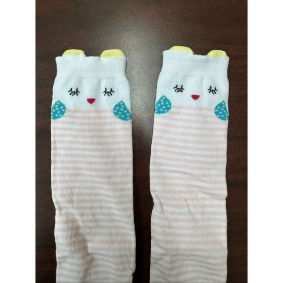 NWOT Girls Owl Knee High Socks with Pink and White Stripes - Picture 2 of 3